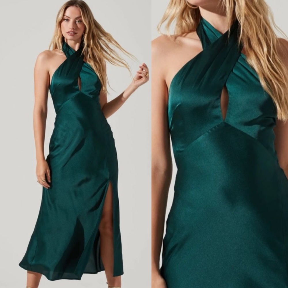 ASTR Marissa Green Satin Halter Midi Dress